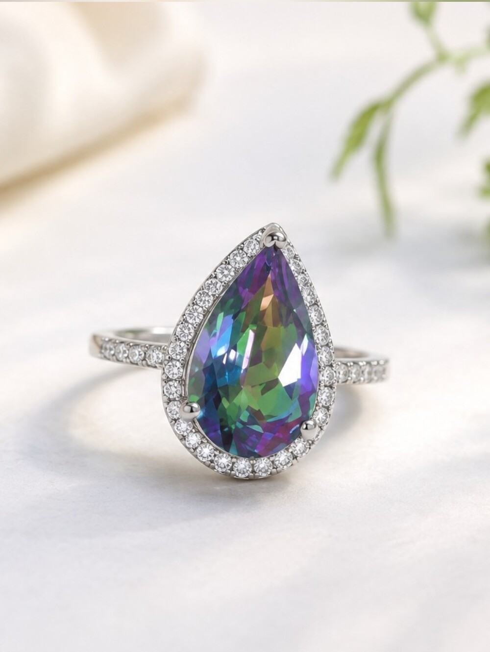 Mystic Topaz NWT Pear Shape Solitaire 925 Silver Ring, Size 6 And 9 Available